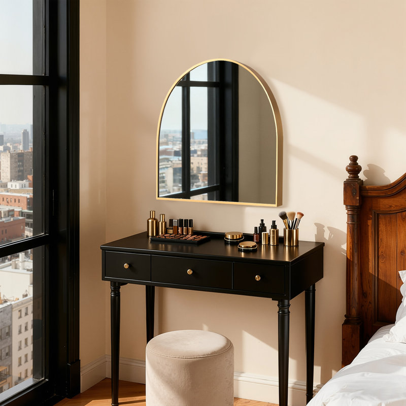 30" x 28" Bathroom/Vanity Accent Mirror Metal Arch Wall Mirror Framed Mirror for Entryway Living Room, Gold, 30" x 28"
