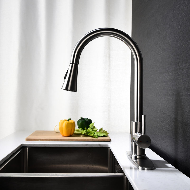 Robinet de cuisine en nickel brossé avec douchette extractible, acier inoxydable créé, buse rotative à 360 ° pour une utilisation par l'utilisateur, contrôle de la poignée unique revêtu, matériel, utilisation simple, fonction