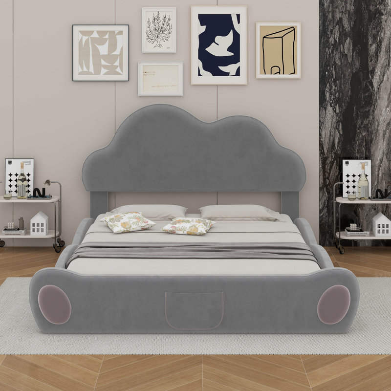Grand lit plateforme tapissier avec tête de lit et poche arrondie, Gris