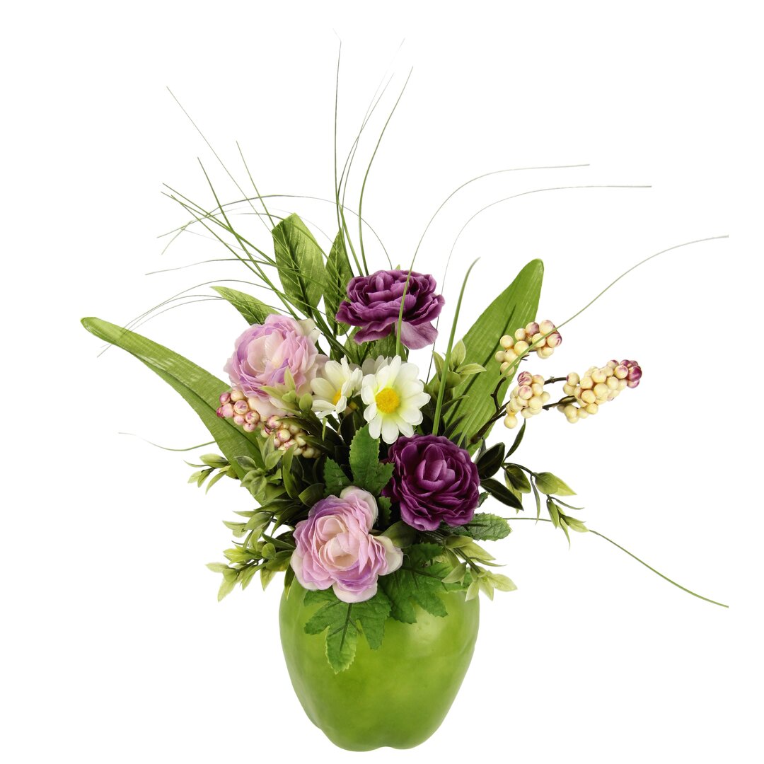 Gesteck/Arrangement Ranunkel im Apfeltopf, Künstliche Frühlingsblumen, Arrangement aus Kunstblumen