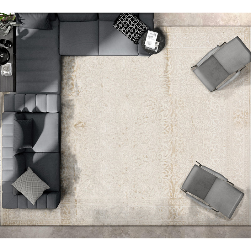 Damask Area Rug in Beige