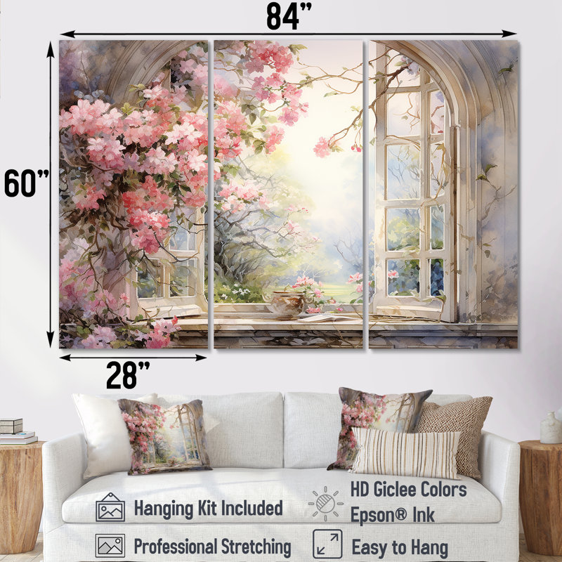 «Pink Blossoming Country Window Gaze I», art mural floral, H 40 po x l 60 po x P 1 po, Toile tendue