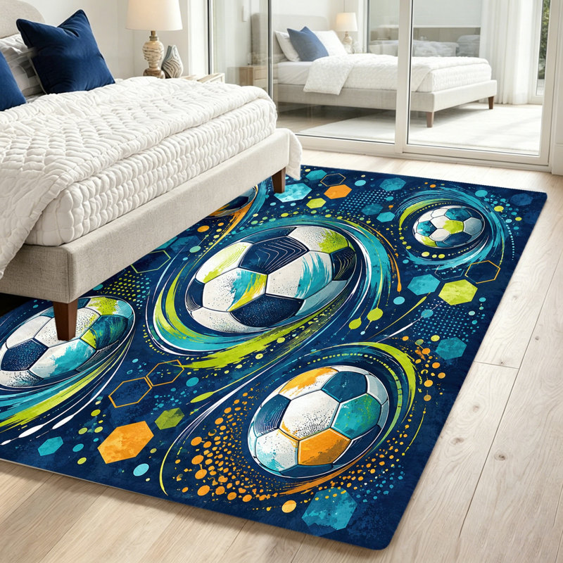 Vibrant Football Area Rug, Sports Themed Floor Mat, Durable Indoor Carpet for Living Room, Bedroom, Gaming and Playroom, World Cup Soccer Decor