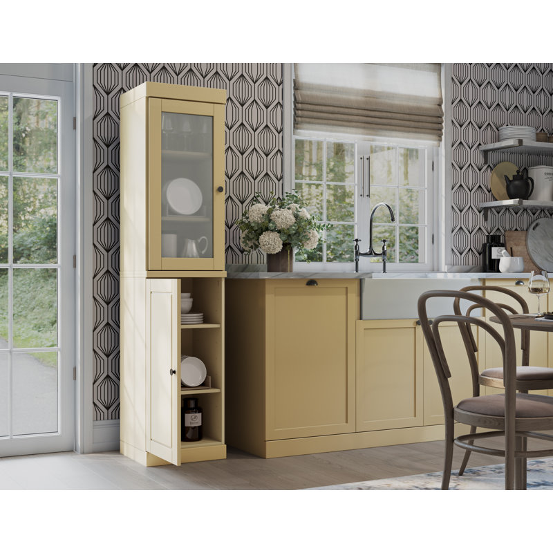 Garde-manger Jaylena 100% bois massif 16,5 po avec portes en verre massif dépoli et tablettes réglables, Jaune