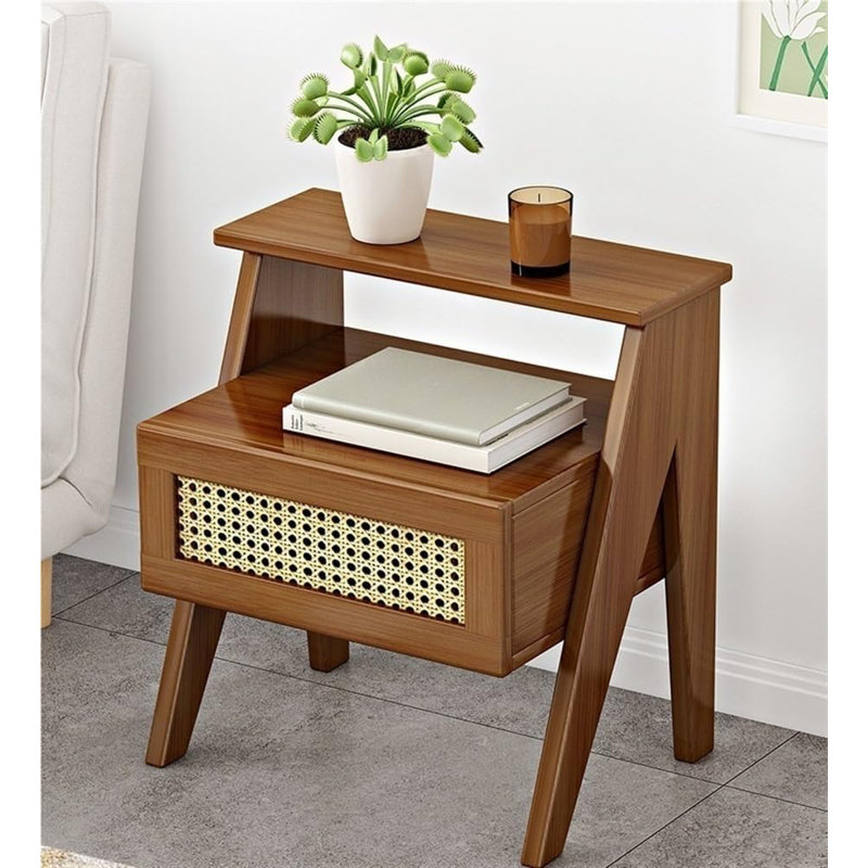Modern Solid Wood Side Table with Rattan Drawer – 2-Tier Nightstand with Open Storage Shelf, Brown