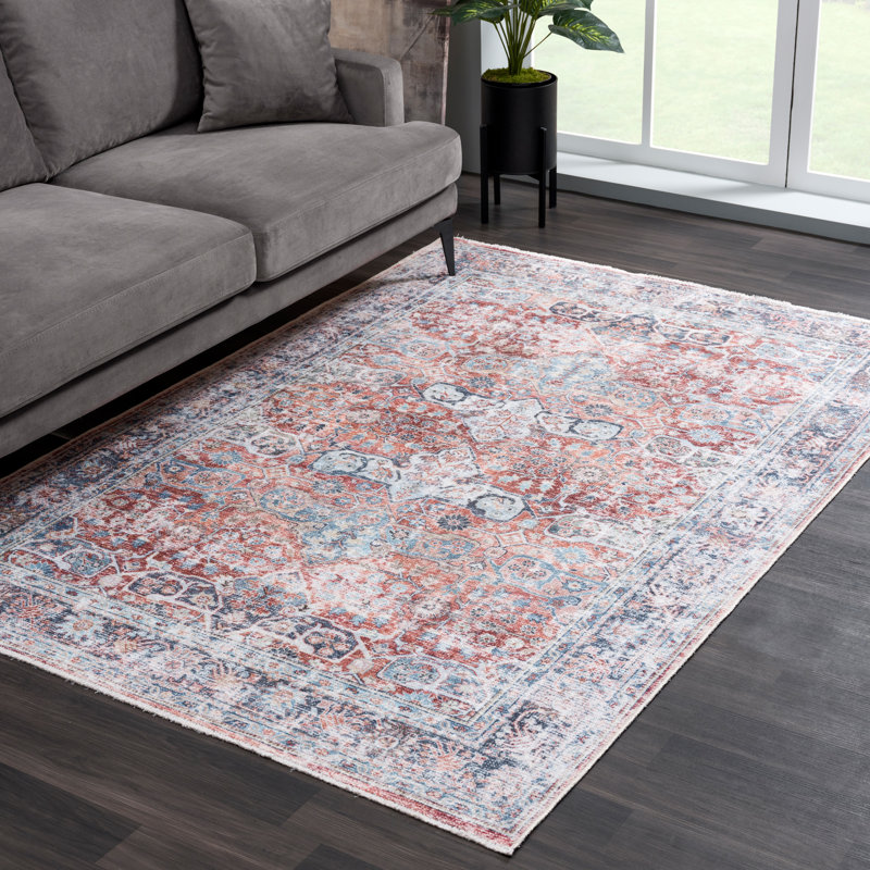 Washable Non-Slip Traditional Rug - Brick / Dark Blue Rug for Entryway, Hallway, Bathroom, and Kitchen, Rectangle 2' x 3'