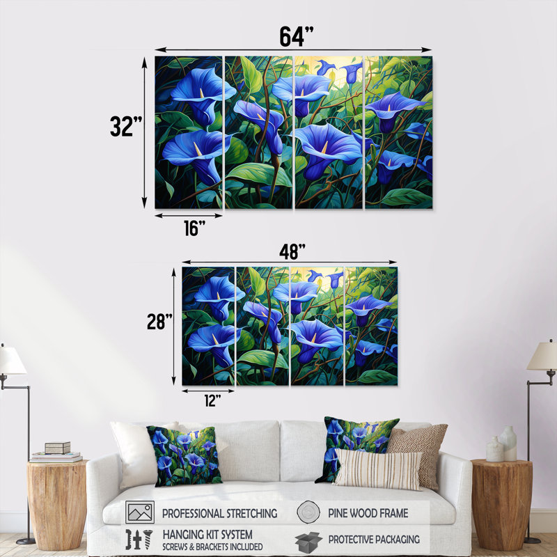 «Purple Morning Glory Blossom Burst I», art mural sur toile 4 pièces, H 32 po x l 64 po