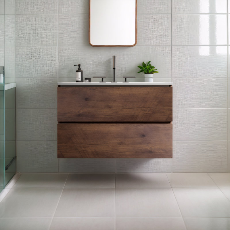 Meuble-lavabo flottant mural en noyer avec lavabo en céramique (trois trous de robinet) - Lavabo une pièce, grand rangement, pré-assemblé pour une salle de bain moderne