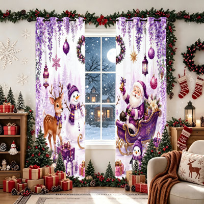 2Pcs Noël père Noël renne bonhomme de neige imprimé avec œillets, rideaux occultants et isolants thermiques pour salon, chambre à coucher, décor de maison de vacances