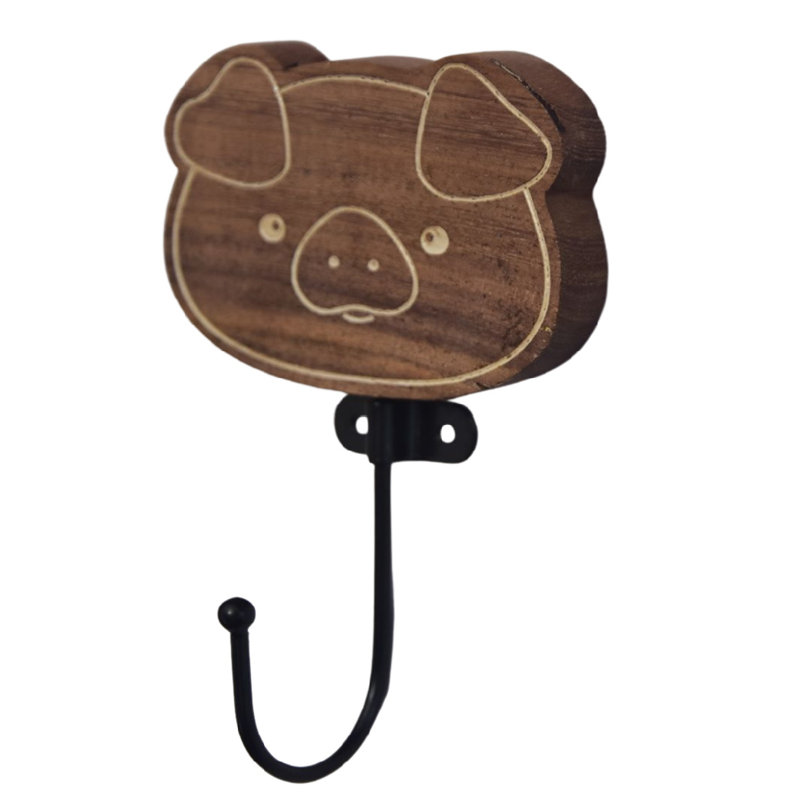 2 Wooden Piggy Wall Hooks