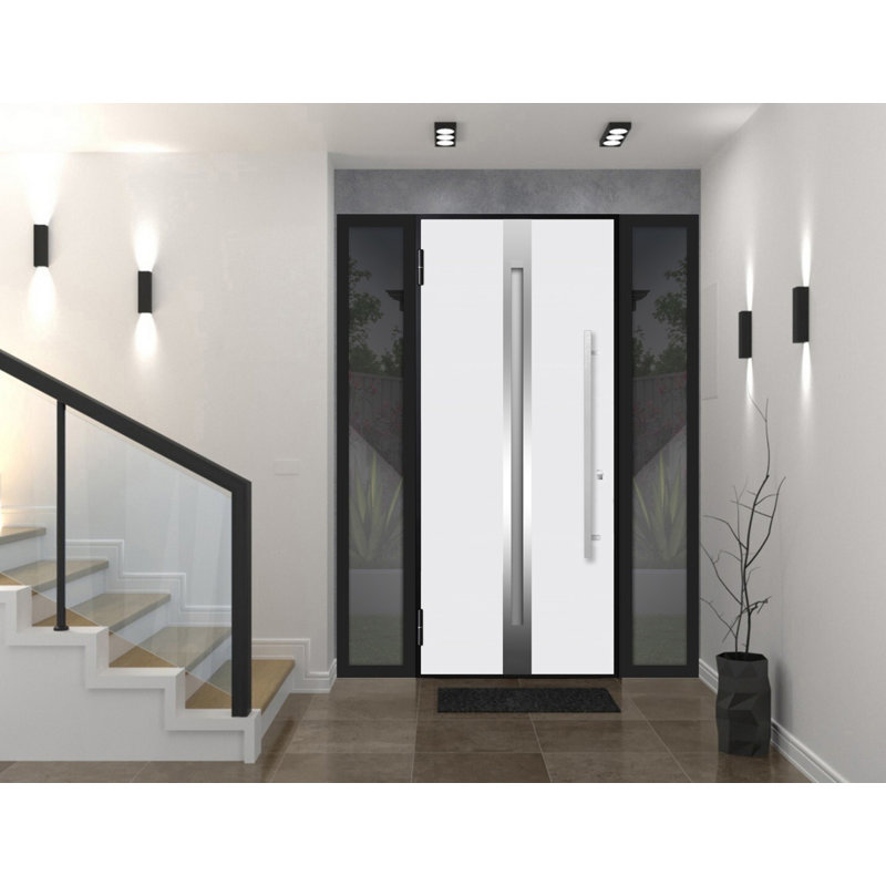 Porte avant en acier pré-suspendue à l'avant / deux en chêne naturel 1744/2 fenêtres extérieures latérales noires / inserts en acier inoxydable simples peints modernes - l 12 + 36 + 12 po x H 80 po - À droite