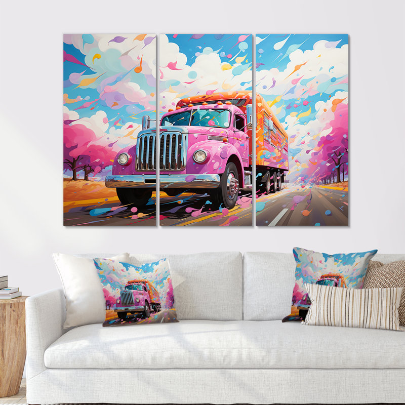 «Pink Raimbow Truck» - ensemble d'art mural en toile, H 28 po x l 36 po