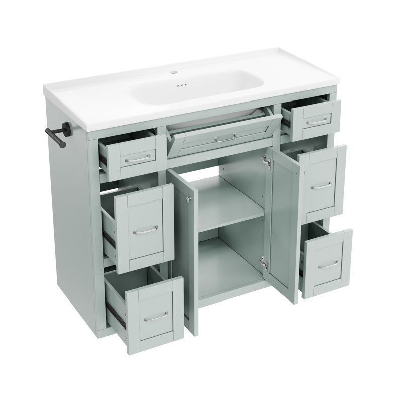 Meuble-lavabo autoportant de 48 po avec 6 tiroirs et rangement central rabattable