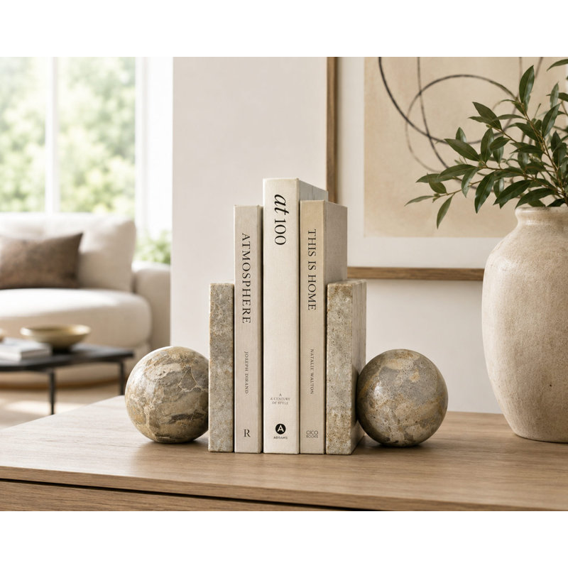 Serre-livres en marbre beige pour tablettes | Ensemble de 2