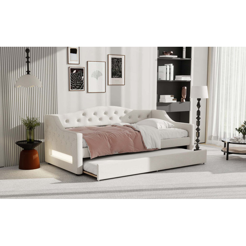 Upholstered Twin Xl Size Daybed With Led Belt And Trundle, Beige
