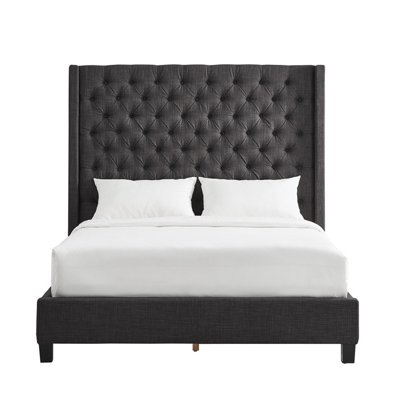 Londono Upholstered Wingback Bed, Heathered Dark Gray Linen, Queen