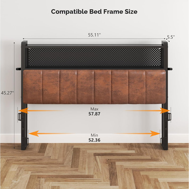 Full Size Headboard, Adjustable Upholstered Headboard With 2 Tier Shelves And Pegboard With Charging Stations And LED Lights, Modern Bed Headboard With Storage PU And Brown