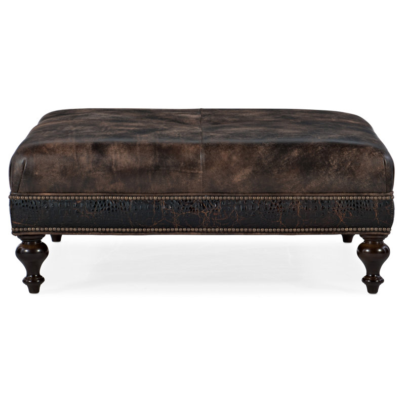 Upholstered Ottoman, Cobblestone , Outsider Raven Genuine Leather, No Nailhead