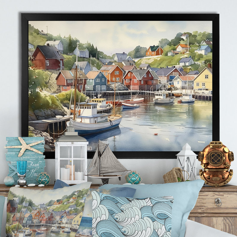 Petite ville portuaire de la Norvège III - Impression sur toile encadrée, H 12 po x l 20 po x P 1 po