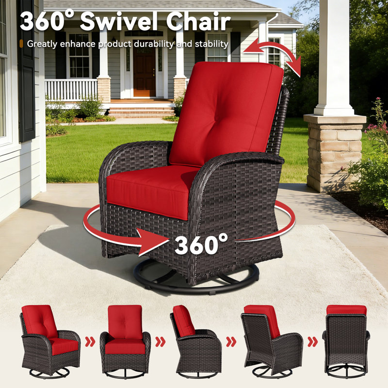 5-Person Outdoor Patio Conversation Rattan Sofa Seating Group With Side Table,2 Swivel Chairs，2 Ottomans and Red Cushions