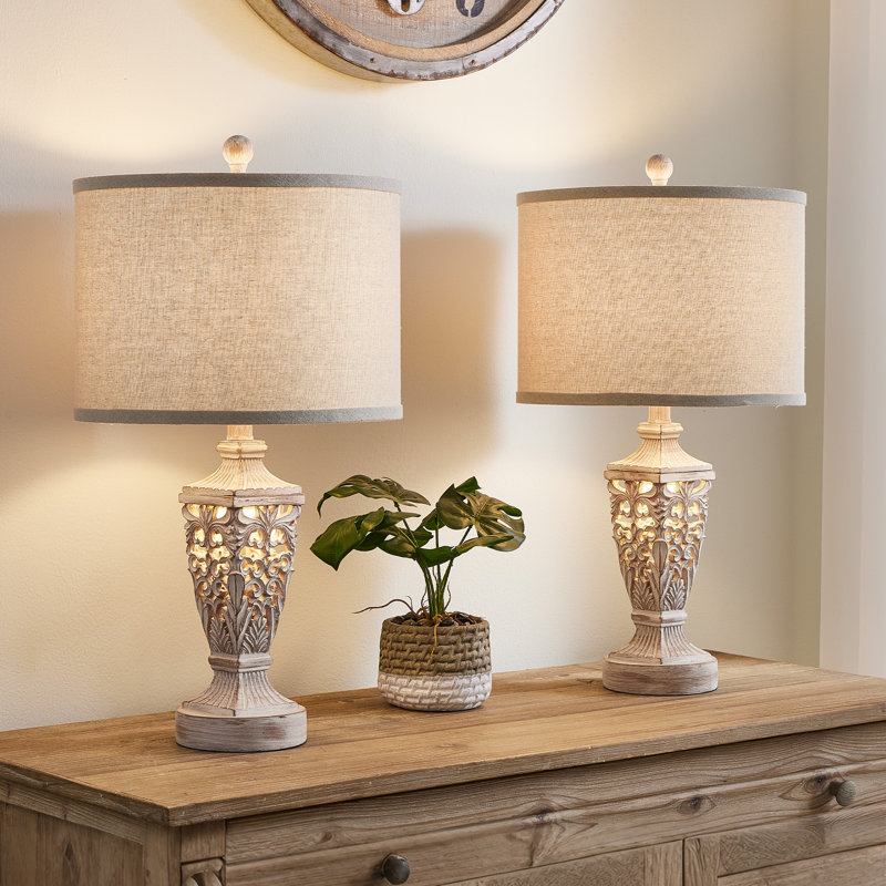 24.5" Country Farmhouse Resin Table Lamp with Night Light and USB Type-C for Bedroom Living room, Antique white