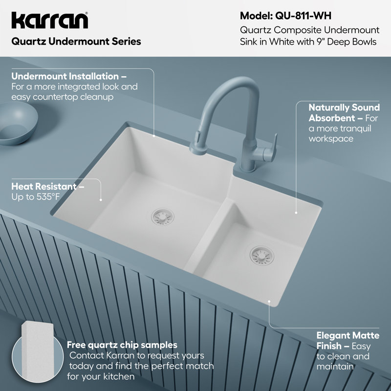 Karran Quartz 32'' X 21-1/4'' 60/40 Double Bowl Undermount Kitchen Sink, White