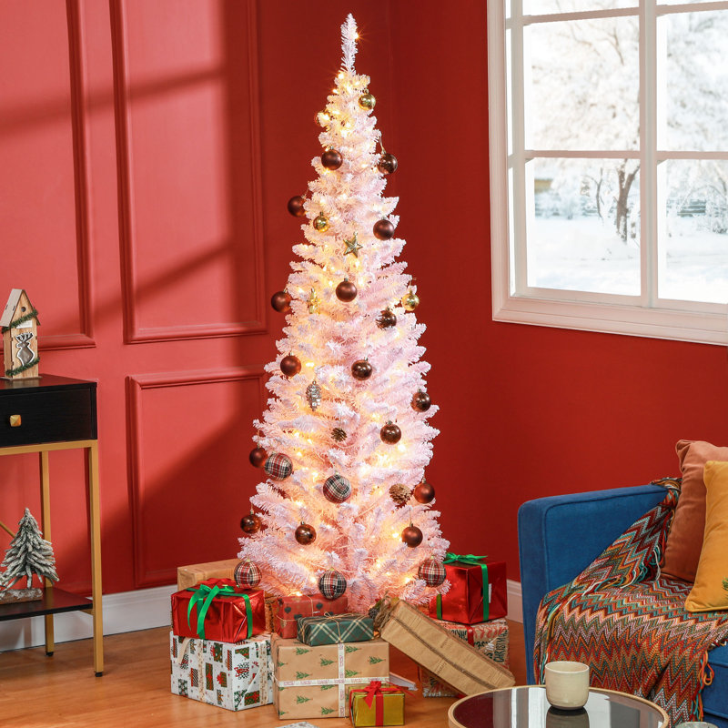Arbre de Noël au crayon 6 pi, arbre de Noël artificiel mince avec branches réalistes et lumières DEL blanc chaud, rose