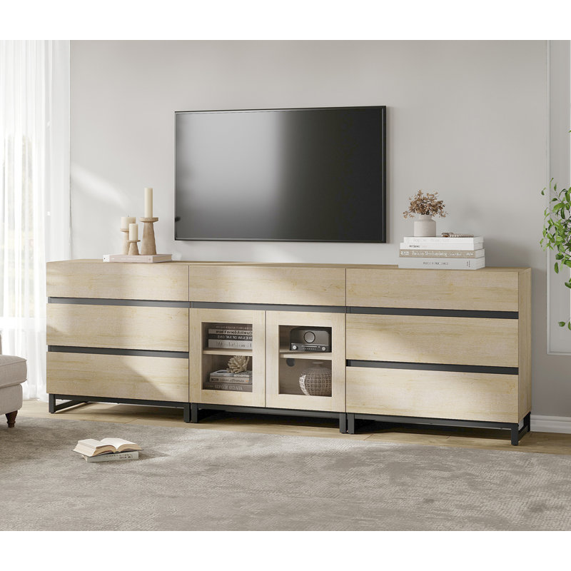 Modern TV Stand For Tvs Up To 100 Inch, 3 In 1 TV Console With Glass Doors And 7 Drawers, Media Console With Adjustable Shelf For Living Room, Bedroom