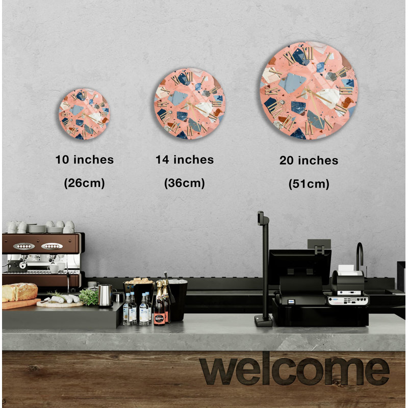 Horloge murale rose Terrazzo, mosaïque d'art moderne en pierre, décor en verre trempé, montre abstraite pêche pastel, cadeau de cuisine et chambre d'enfant Boho