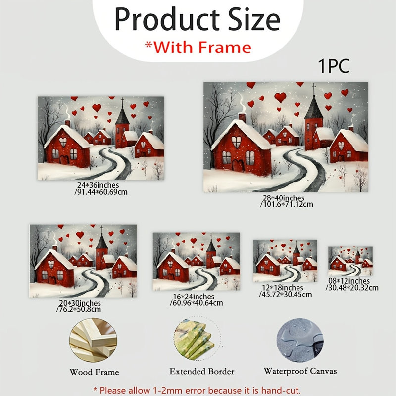 Impression sur toile Cozy Red Heart Winter Village - Urban Studio, 16*12 pouces (40*30*2 cm)