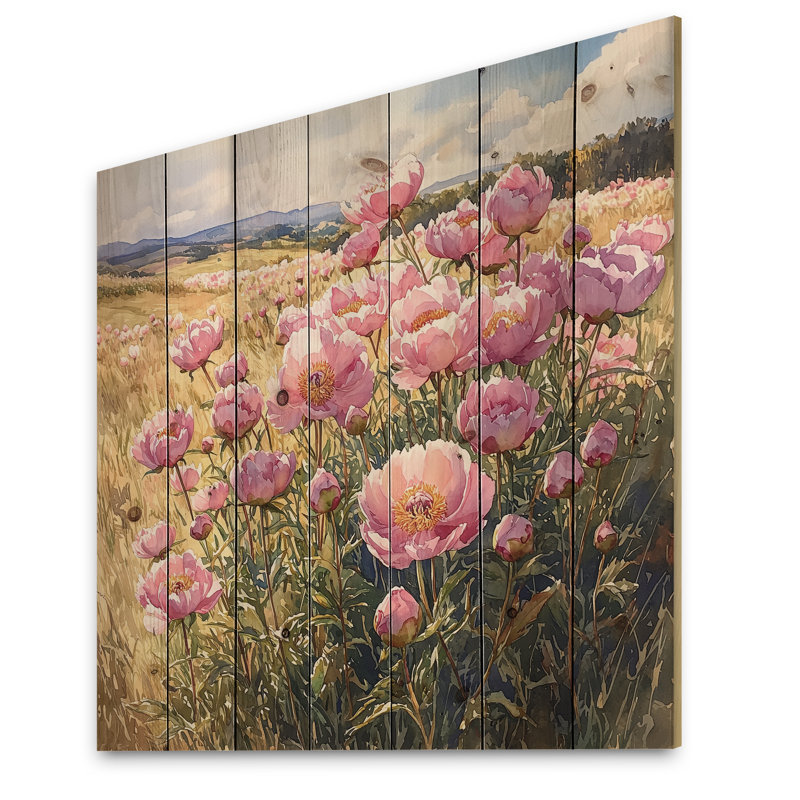 Pivoines dans un champ ensoleillé III - impression de pivoines sur bois de pin naturel, H 15 po x l 15 po x P 0,78 po
