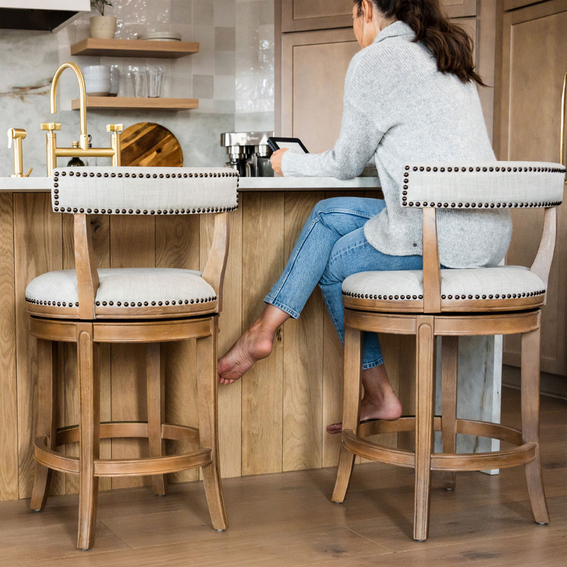 Alexander 31-Inch Weathered Oak Swivel Bar Stool with Upholstered Seat