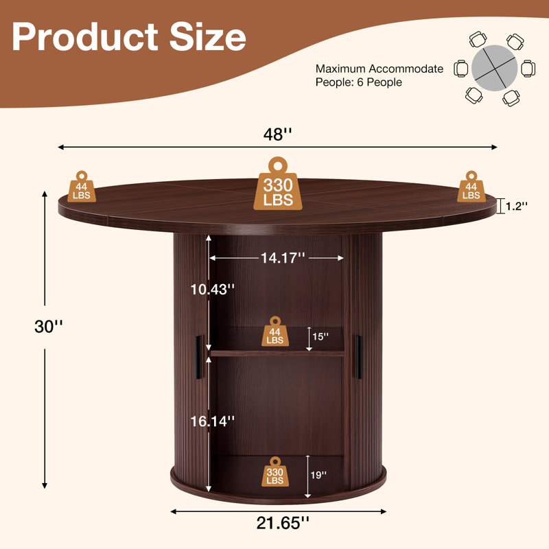 48"W Round Dining Table Seats 6, With Storage, Walnut