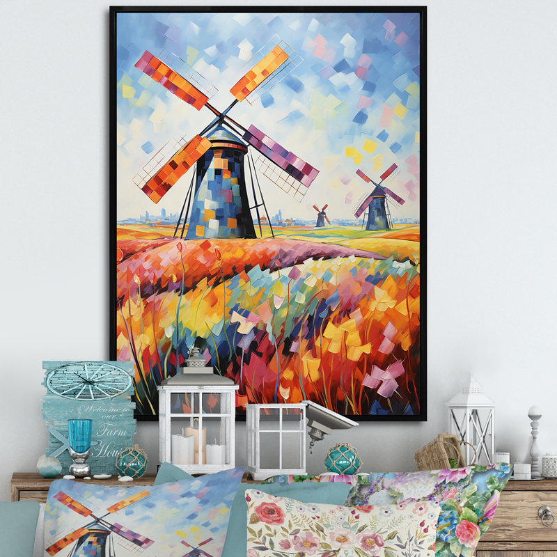 «Colorful Flower Meadow Windmills II - Wind Turbines», art mural, Cadre flottant noir, 32" H x 24" W