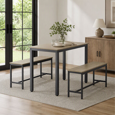 Ensemble table et chaises de salle à manger avec table de bar et 2 bancs, comptoir de cuisine de style industriel avec chaises, finition grise et noire, 110 cm L x 60 cm l x 76 cm H