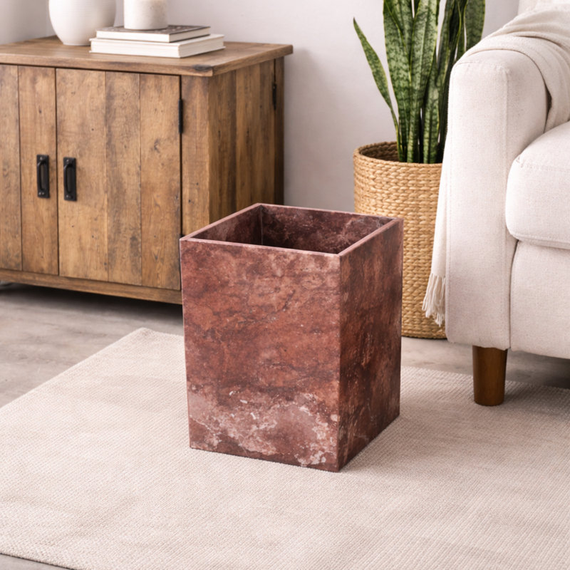 Corbeille en marbre rose - poubelle de salle de bain en pierre naturelle, 7 po x 8 po x 10 po, 13,50 lb, finition polie