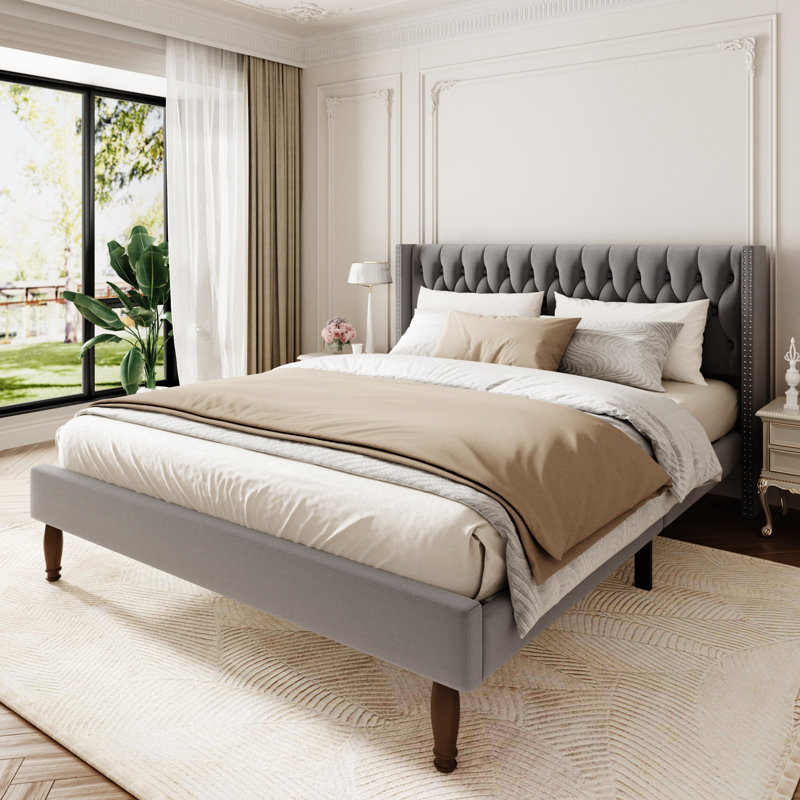 Velvet Upholstered Bed Frame, 49.2" Tall Wingback Headboard, Deep Button Tufted, Solid Wood Legs, No Box Spring Needed, Gray