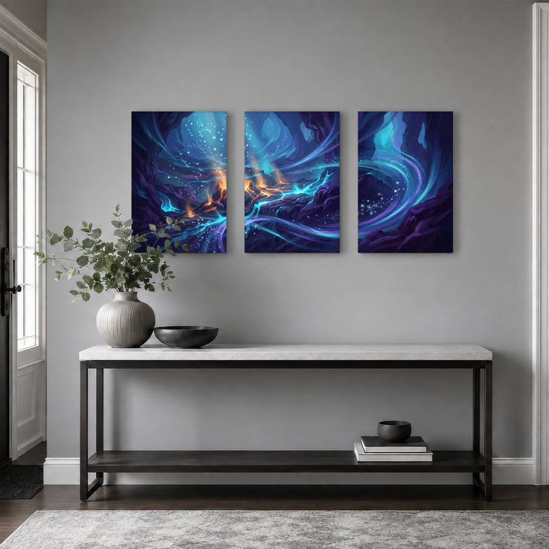 «Glowing Lava Cavern with Azure Energy Streams», ensemble de 3 toiles murales, H 24 po x l 16 po x 3 pièces
