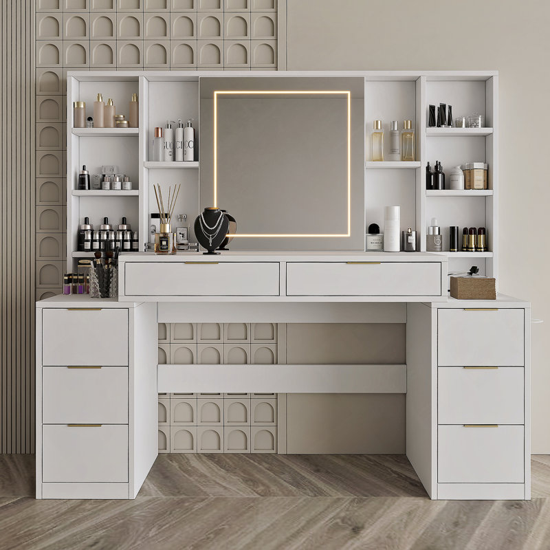 Makeup Vanity Desk With Mirror And Lights, Vanity Table With Drawers And Open Storage Shelves