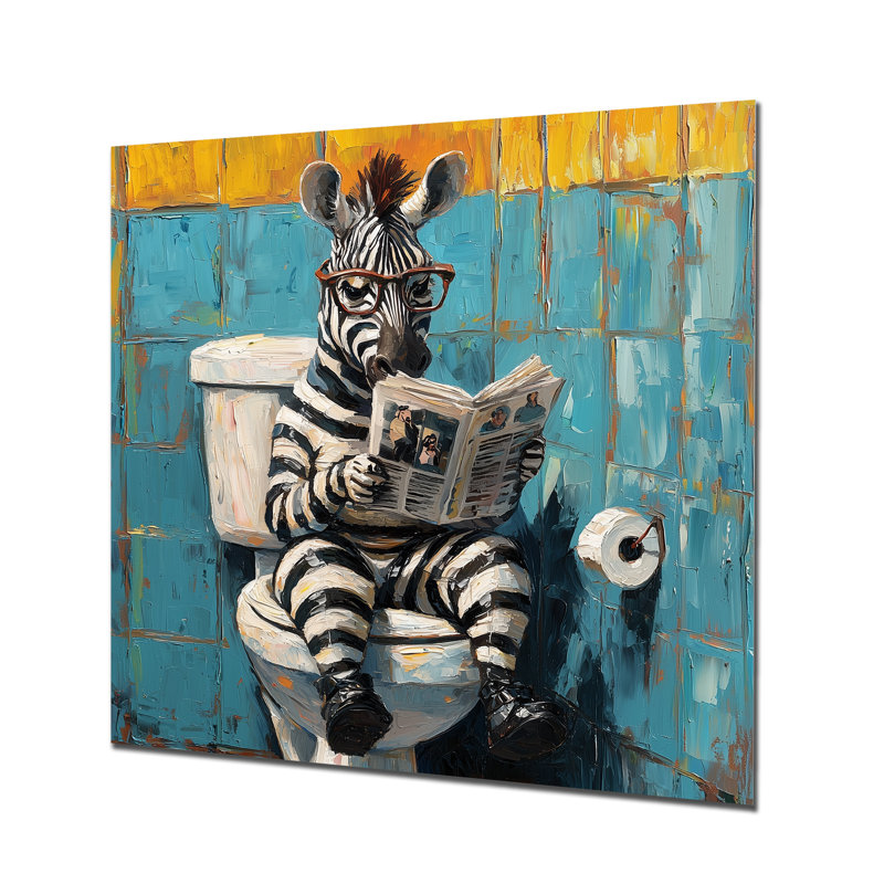 Drôle de zèbre lisant un journal dans la toilette II - reproduction d'art moderne en métal, décoration murale en métal zèbre