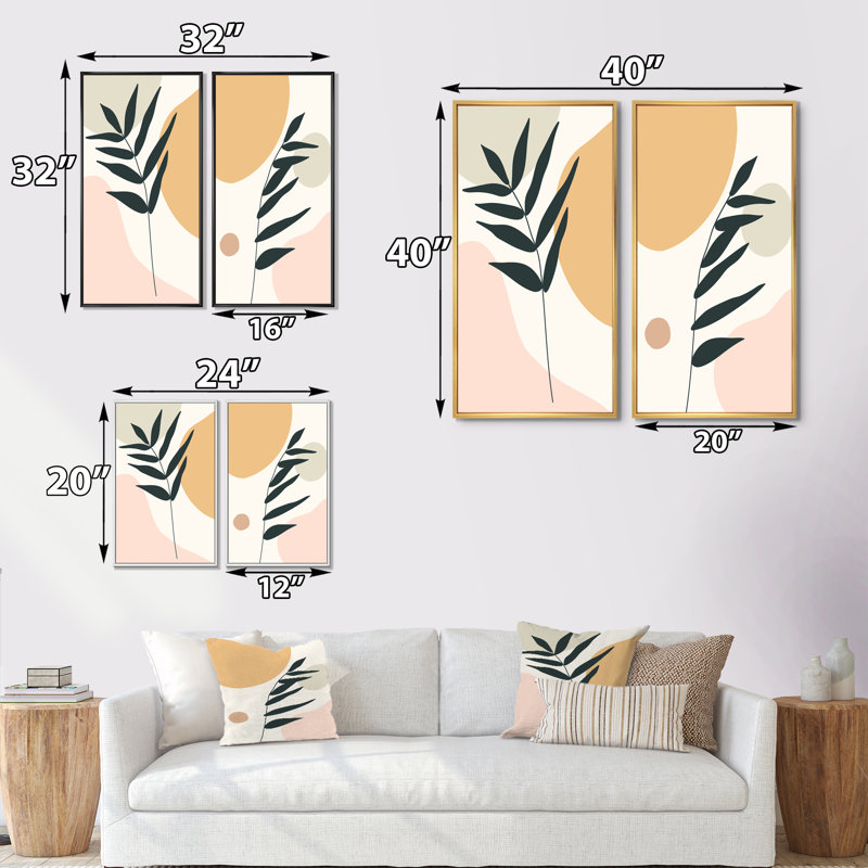 «Botanical Leaf with Pastel Abstract Clouds I», ensemble de 2 peintures, H 20 po x l 24 po x P 1 po, Cadre brun