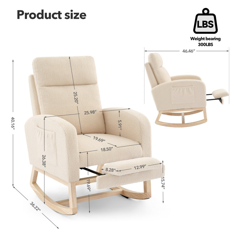 Chaise berçante commerciale moderne pour sièges de restaurant - dossier haut, repose-pieds réglable, revêtement doux en molleton, pieds en bois clair, poches latérales, confort ergonomique | Beige