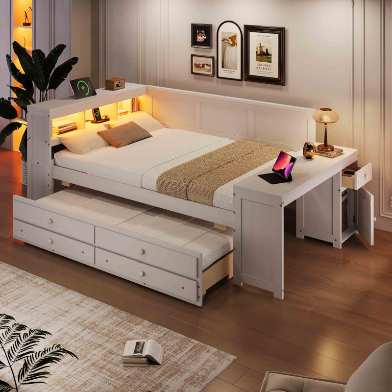 Lit de jour avec tiroirs de rangement, lumière DEL et ports USB, Blanc