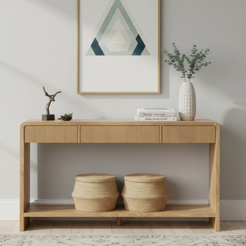 59.02" Console Table with 3-Drawer, Round Edge Design Side Table for Entryway, Hallway or Behind Sofa, Brown