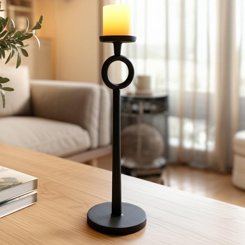 Porte-bougie simple en fer noir moderne, H 21 po x l 6 po x P 6 po, Noir