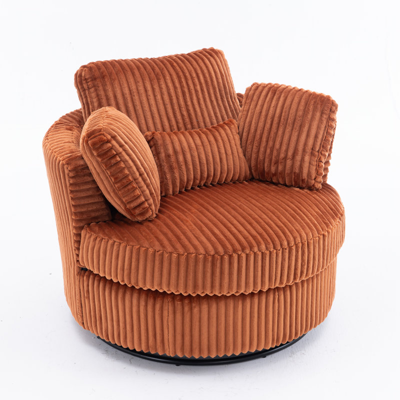 360 Degreed Swivel Accent Chair Modern Soft Plush Corduroy Round Barrel Chair For Living Room Bedroom With Pillows, Orange