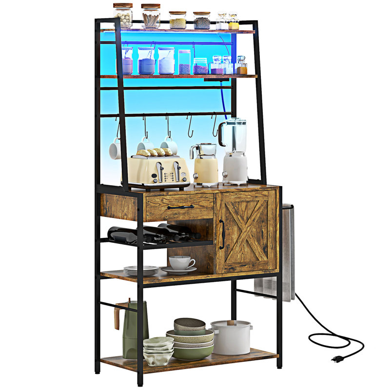 Versatile Baker's Rack with LED Lights, Rustic Brown