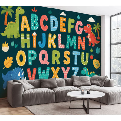 Wall Mural Peel and Stick Wallpaper Funny alphabet cute dinosaurs Educational poster for children Self-Adhesive Removable Contact Paper Wall Decor for Living Room Bedroom 100"H x 144"W