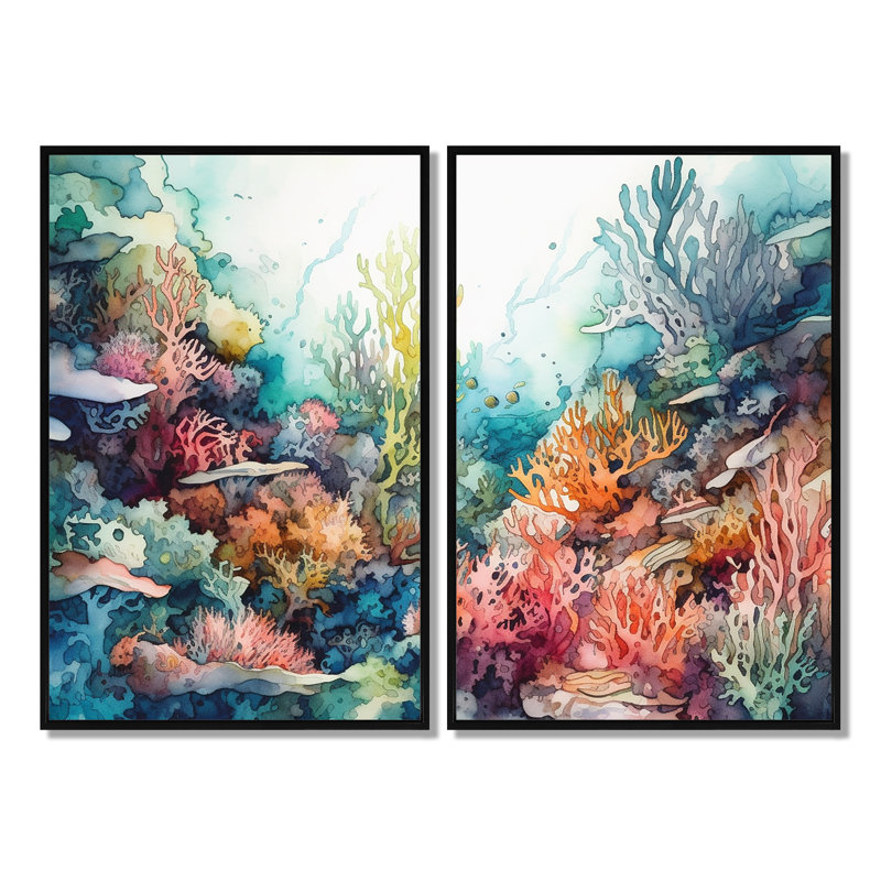 «Vibrant Coral Reef III», art mural moderne 2 pièces, Noir, H 36 po x l 48 po, Impression encadrée flottante
