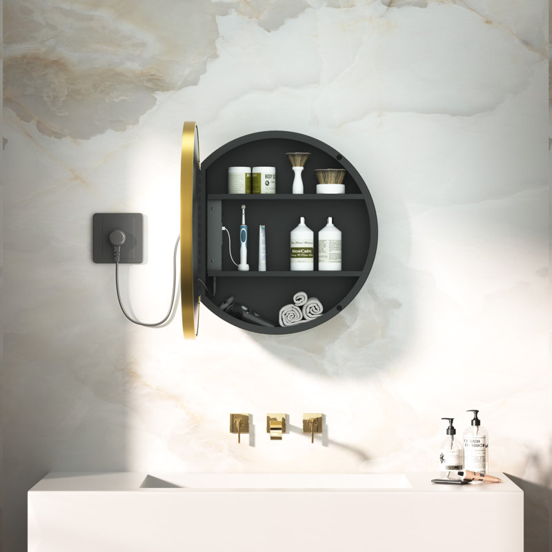 Gervon Lighted Surface Framed Round Medicine Cabinet Mirror Adjustable Shelf & AC Outlets, 26" H x 26" W x 4.7" D, Gold